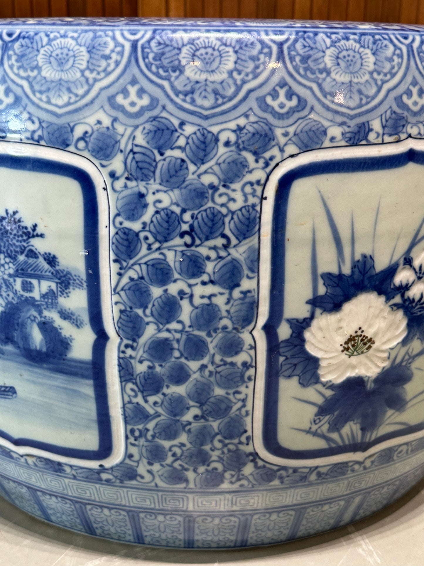 Antique Japanese Meiji Era Ceramic Blue & White Hibachi Brazier Floral Motif 24”