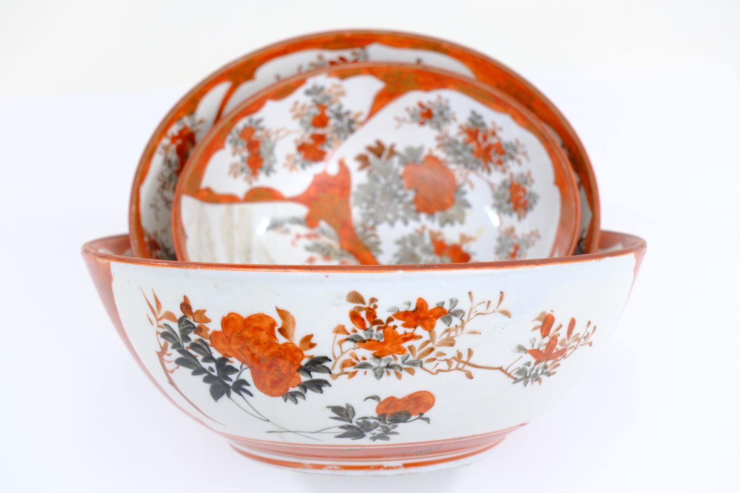 Antique Japanese Kutani Aka-e Nesting Bowl Set Three Karako Children Peony Meiji 10"W