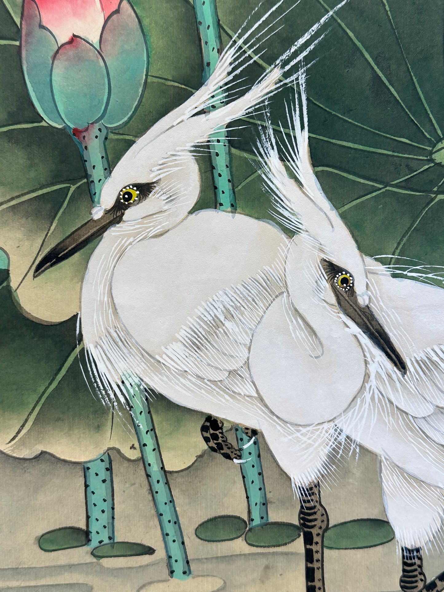Vintage Chinese Hanging Scroll Painting Egrets and Lotus Signed c1947 63"H