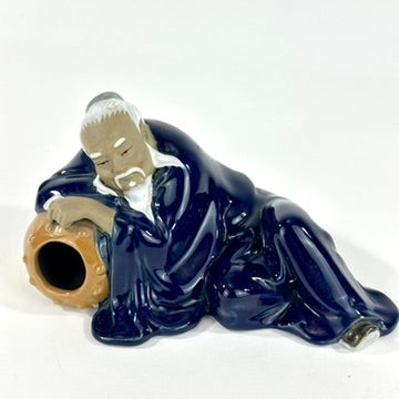 Vintage Chinese Ceramic Li Bai Drunk Poet Reclining Figure Brush Rest Cobalt Blue Glaze 7"