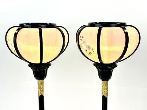 Japanese Showa Era Hiunkudo Sakura Lantern Table Lamp Pair Black Lacquer Brass 15"H