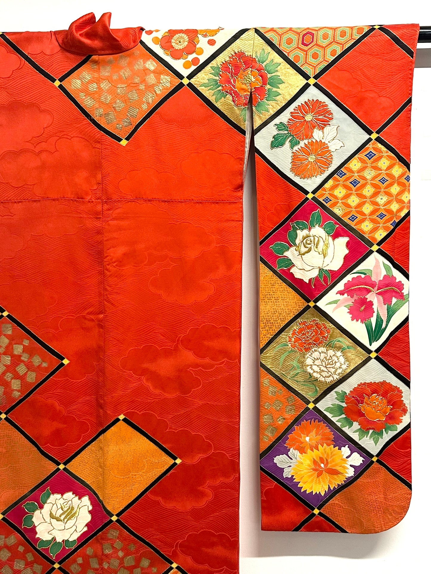 Vintage Japanese Silk Rinzu Kimono Hishi Diamond Floral Panels Showa Furisode