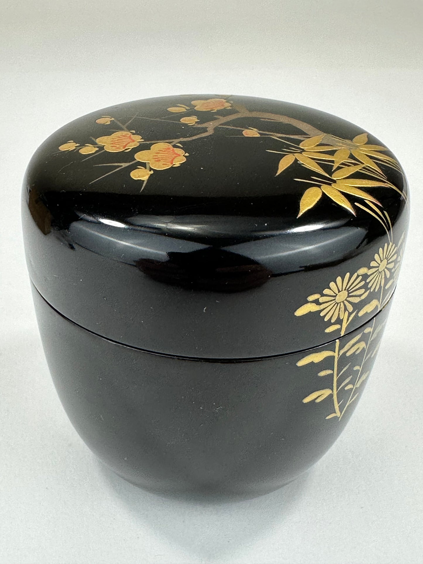 Japanese Tea Ceremony Natsume Tea Caddy Floral Shikunshi Motif w/ Kiri Wood Box