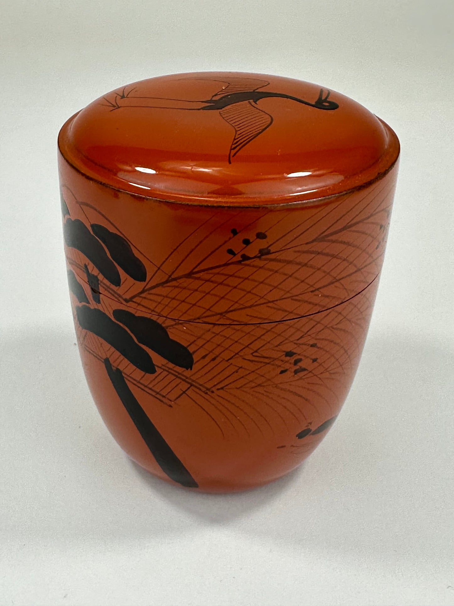 Vintage Japanese Tea Ceremony Natsume Tea Caddy Red Lacquer Crane & Pine Tree