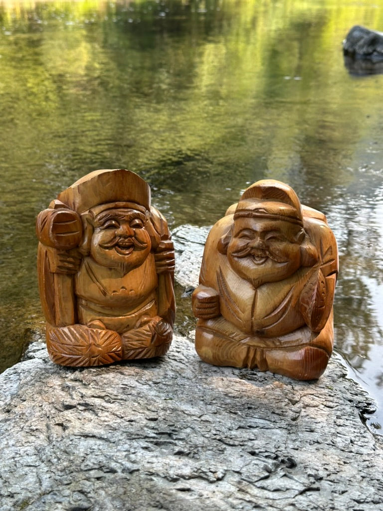 PAIR Japanese Wood Lucky Gods Ebisu & Daikokuji Pair