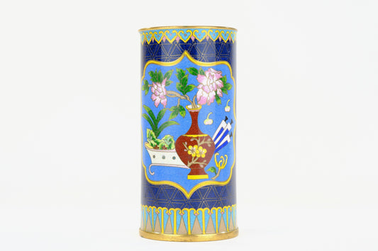Chinese Cloisonne Enamel Brush Pot Cylinder Vase Blue Ground Scholar Objects Panel 7"H