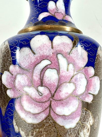 Chinese Republic Period Cloisonne Enamel Vase Pair Cobalt Blue Pink Peony 6"H