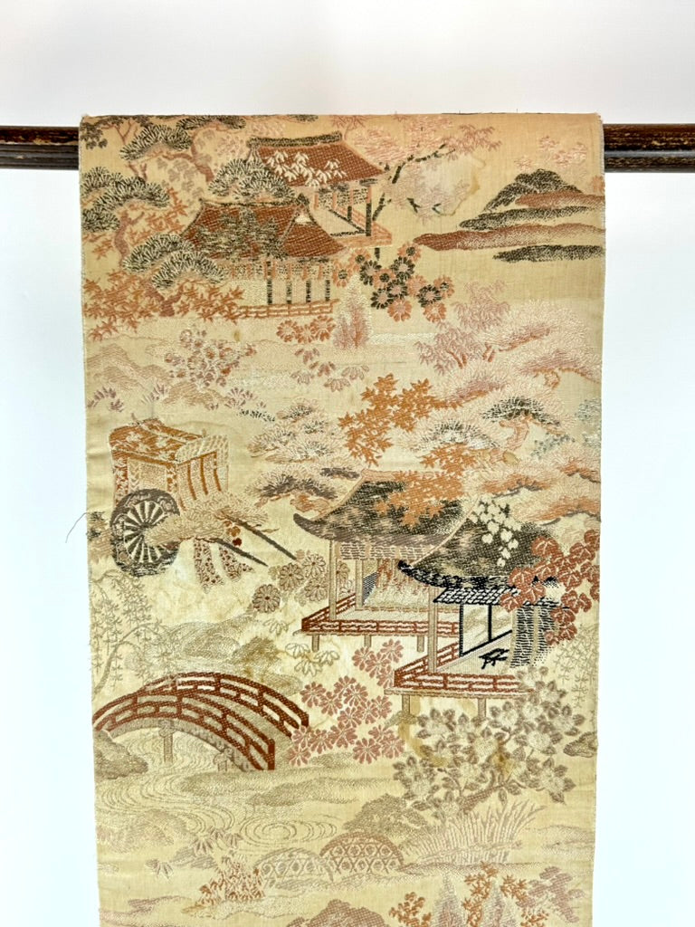Antique Japanese Silk Obi Pictorial Garden Pavilion Bridge Genji Wheel 12'L