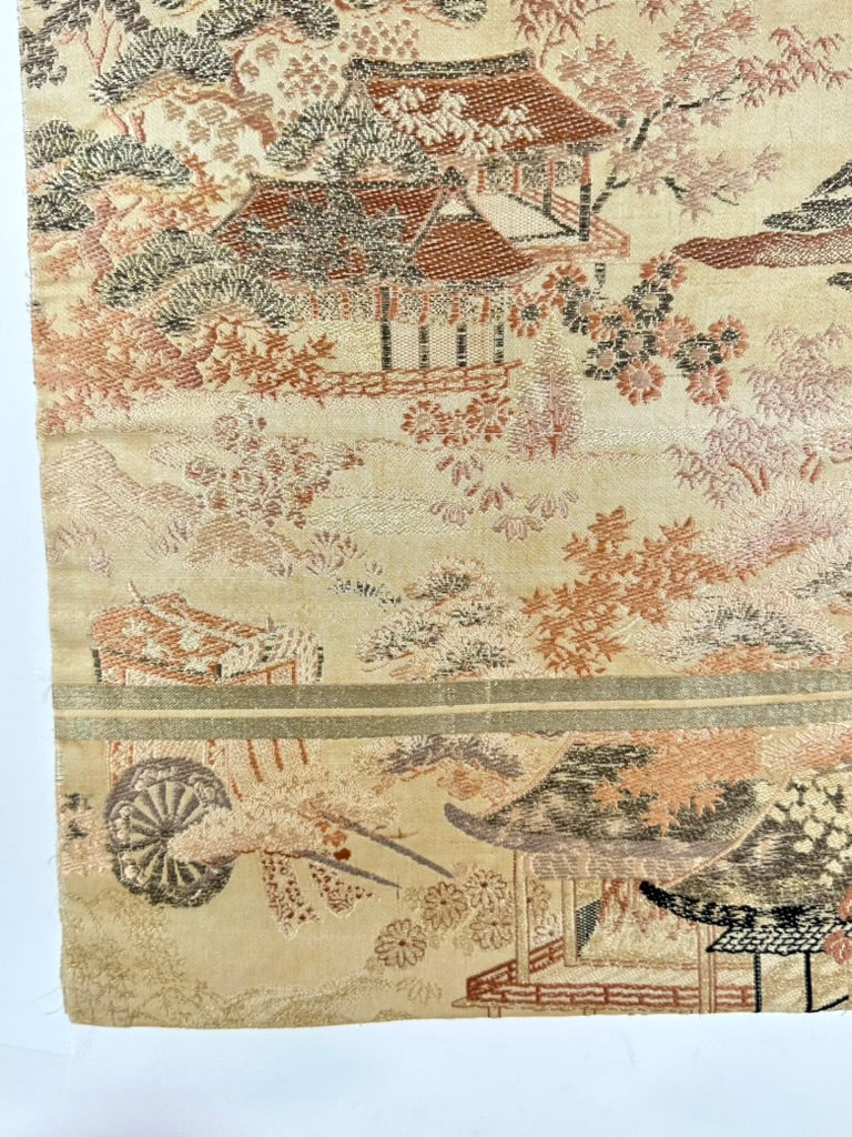Antique Japanese Silk Obi Pictorial Garden Pavilion Bridge Genji Wheel 12'L
