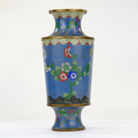 Chinese Cloisonne Enamel Vase Blue Ground Floral Butterfly Brass Paneled Form