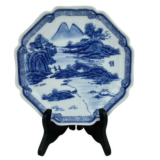 Antique Japanese Late Meiji c1910's Blue & White Scenic Porcelain Plate 8.5"W