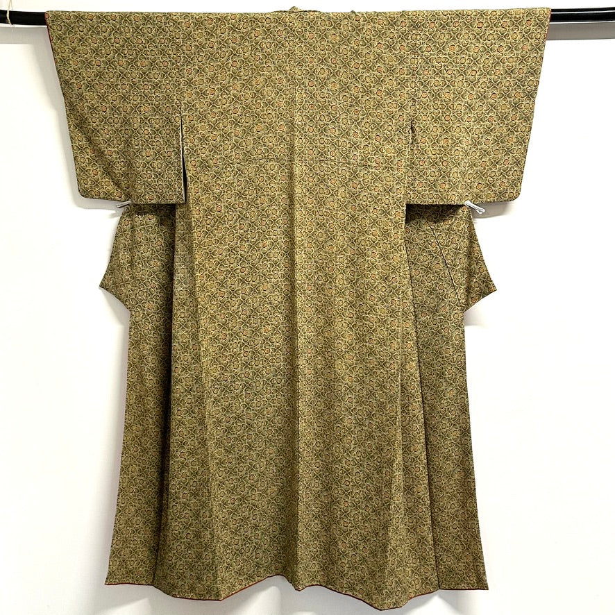 Vintage Japanese Silk Komon Kimono Shippo Floral Repeat Rikyu Olive Showa