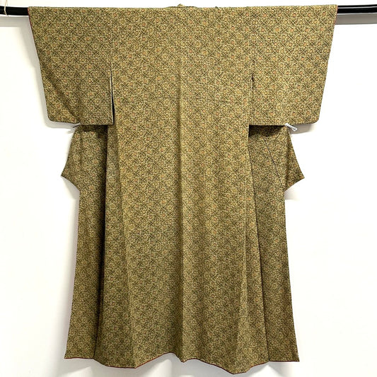 Vintage Japanese Silk Komon Kimono Shippo Floral Repeat Rikyu Olive Showa