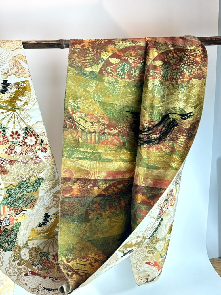 Antique Japanese Silk Maru Obi Gold Brocade Crane Fan Pine Nishijin 13'L