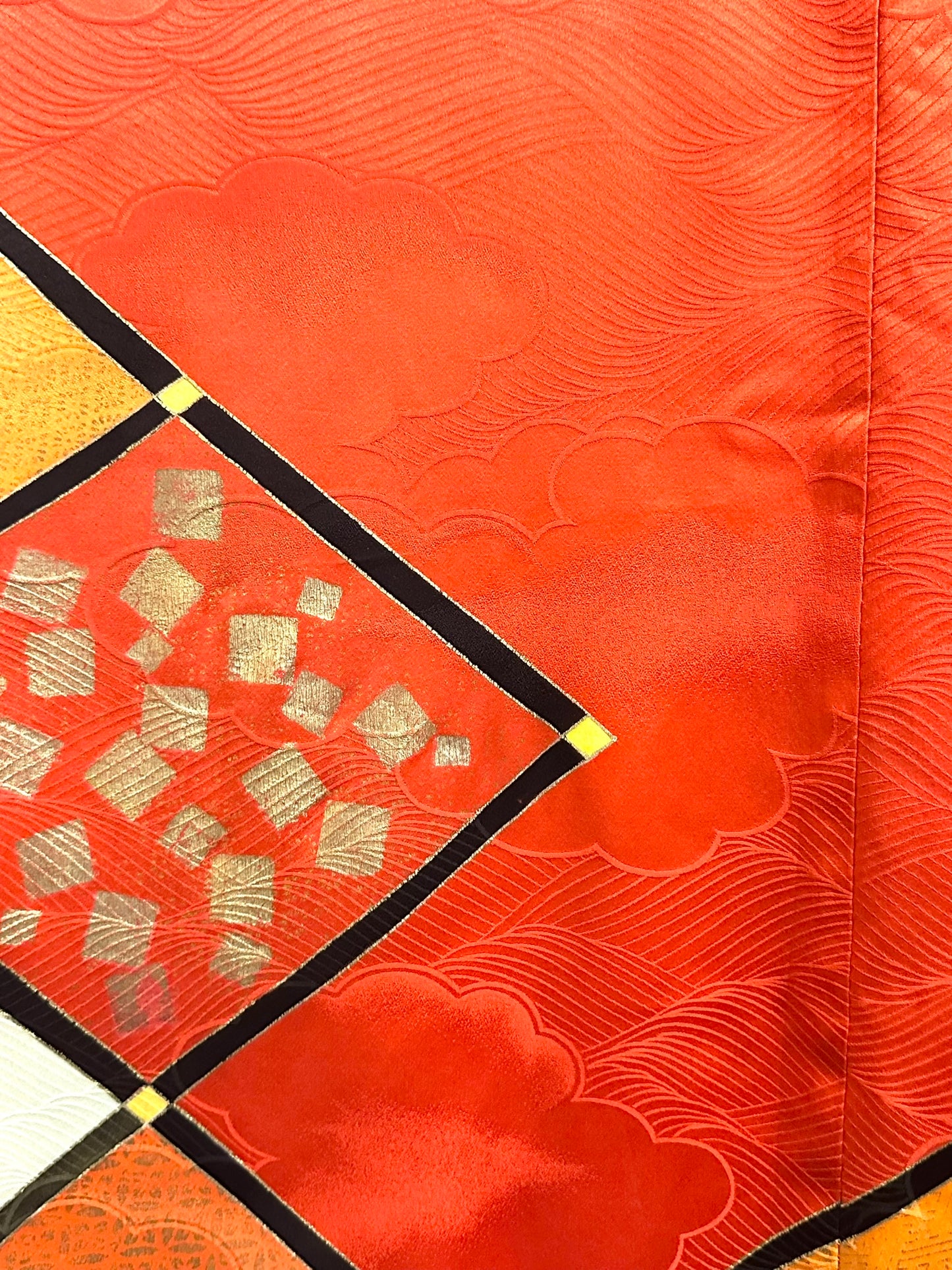 Vintage Japanese Silk Rinzu Kimono Hishi Diamond Floral Panels Showa Furisode