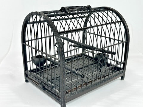 Chinese Vintage Blackened Bamboo Birdcage Barrel Vault Dome Perch Feeder Fret Border 8 Inches