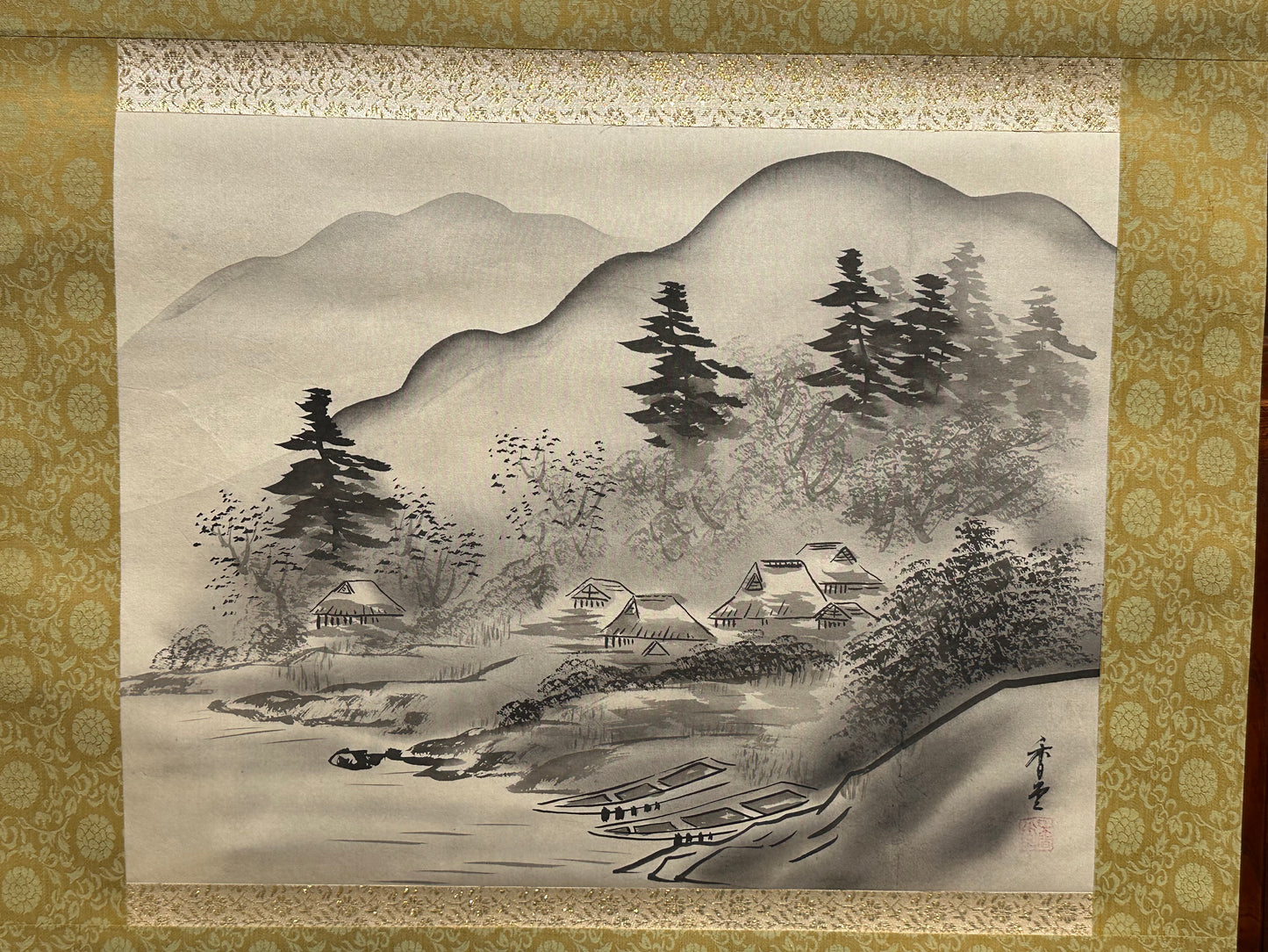 Vintage Japanese Scroll Hand Painted Mid 1900’s Mountain Farmhouse