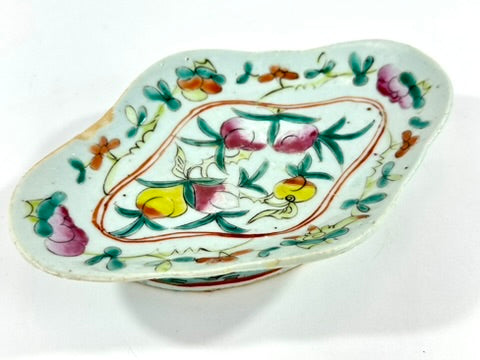 Chinese Famille Rose Porcelain Lozenge Dish Peach Longevity Floral Celadon Ground Late Qing 7.5"