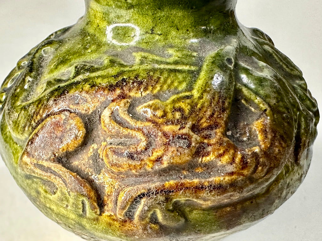 Chinese Green Glazed Miniature Pottery Jar Molded Dragon Relief Archaistic Floral Stamp ~1"H