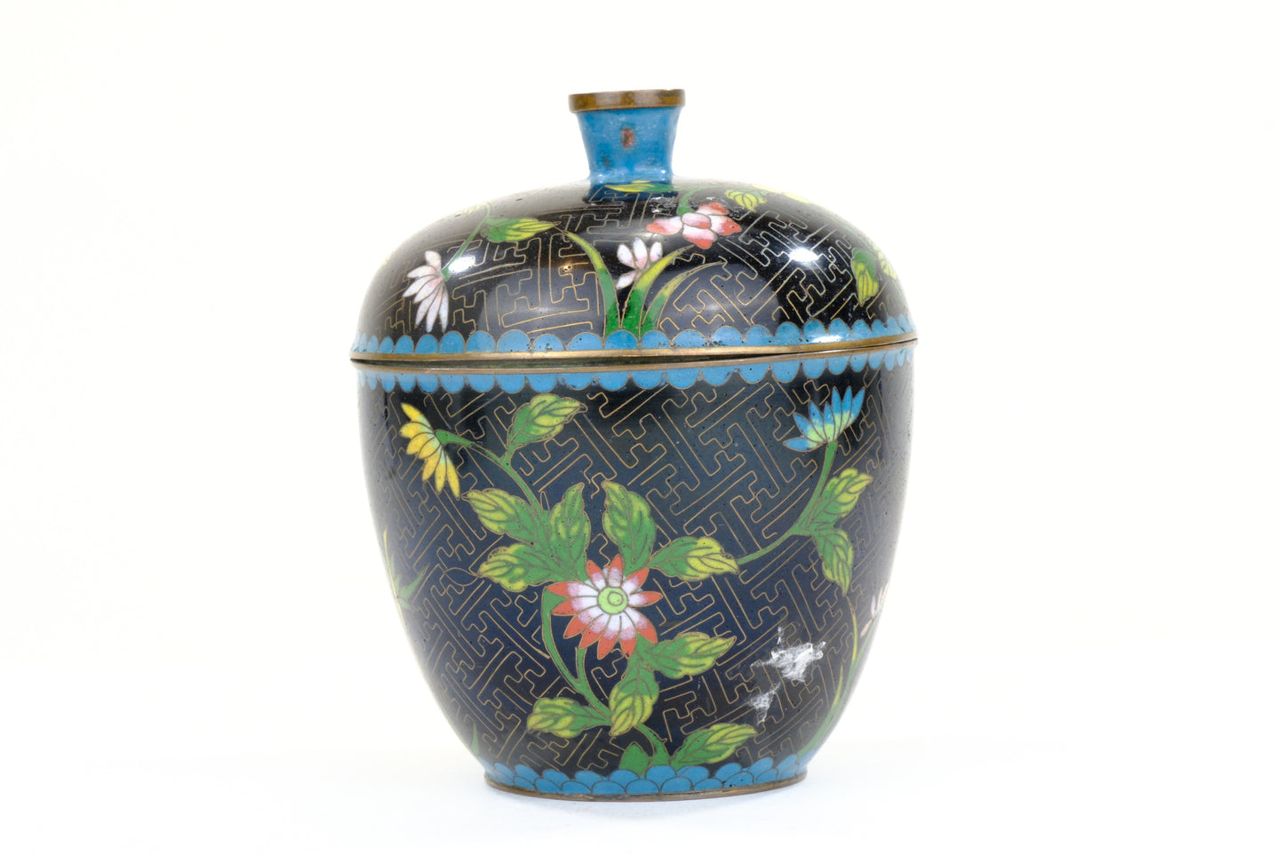 Chinese Cloisonne Enamel Moon Flask Vase Green Black Ground Floral Butterfly Three Feet 5.5"H