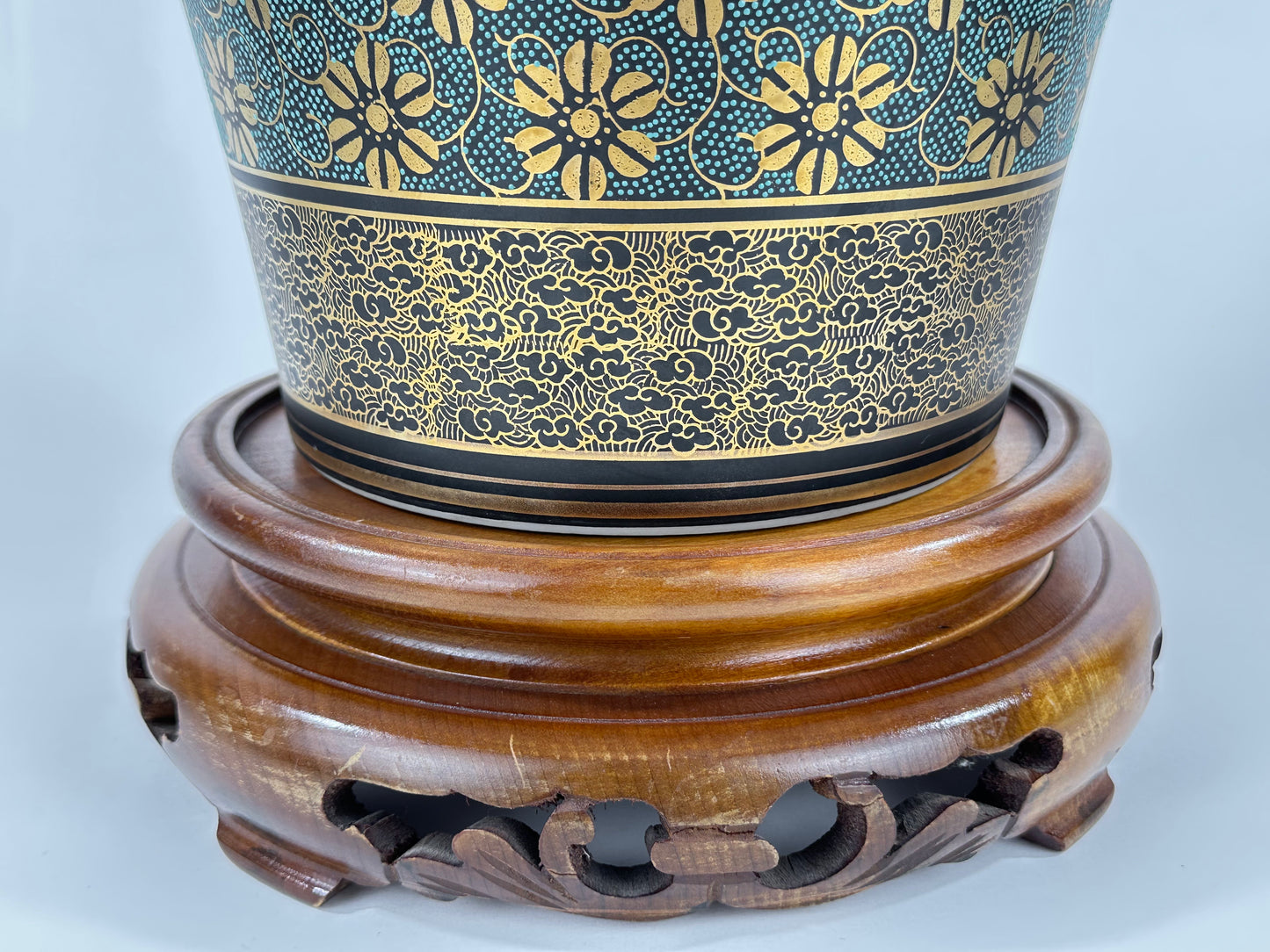 Vintage Kutani Shozan Porcelain Vase Green Gold Kiku Hanazume Hardwood Stand Showa 18"H