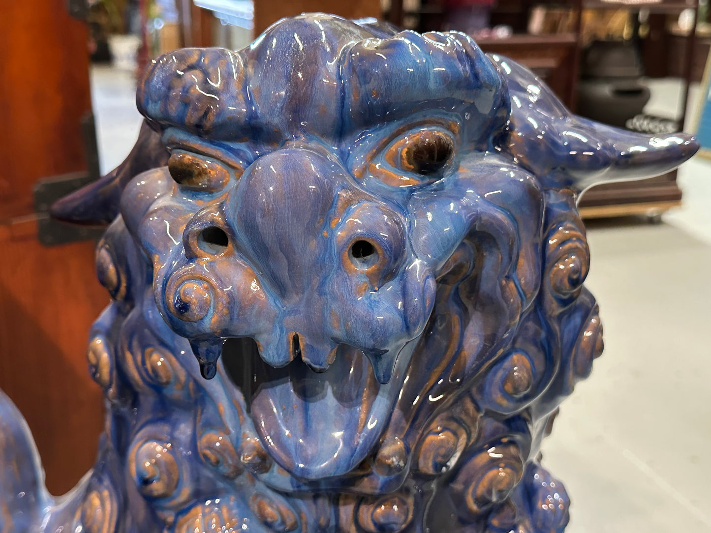 Vintage Chinese Ceramic Foo Dog Pair by Master Tien-Fu Lin Blue Drip Glaze 28”H