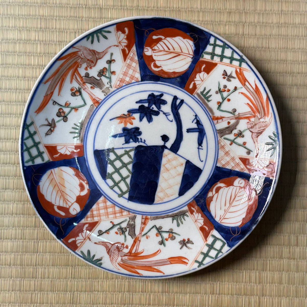 Antique Japanese Imari Porcelain Plate Phoenix Crane Floral Panel Composition 13"W
