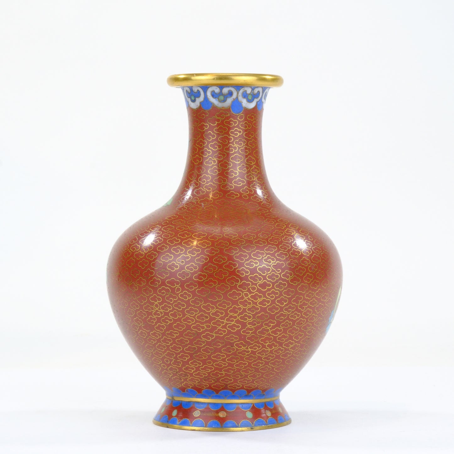 Chinese Cloisonne Enamel Vase Red Rust Ground White Peony Scholar Rock Blue Foot 6"H