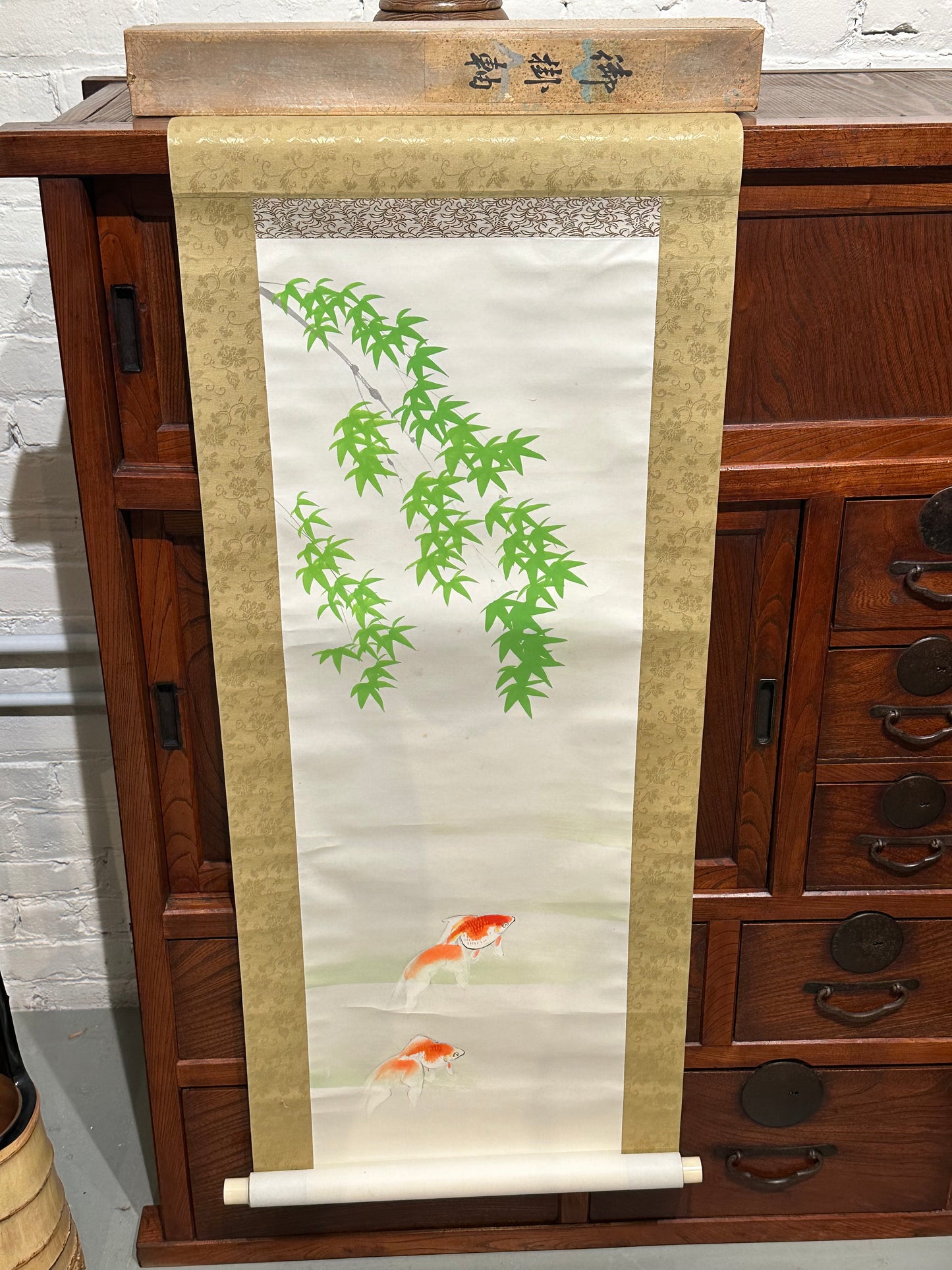 Japanese Scroll Hand Painted Mid 1900’s Bamboo & Goldfish