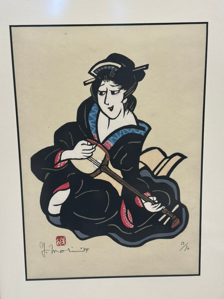 Vintage Japanese Kappazuri Print Yoshitoshi Mori Bijin Playing Shamisen 1984 Ed 13/90