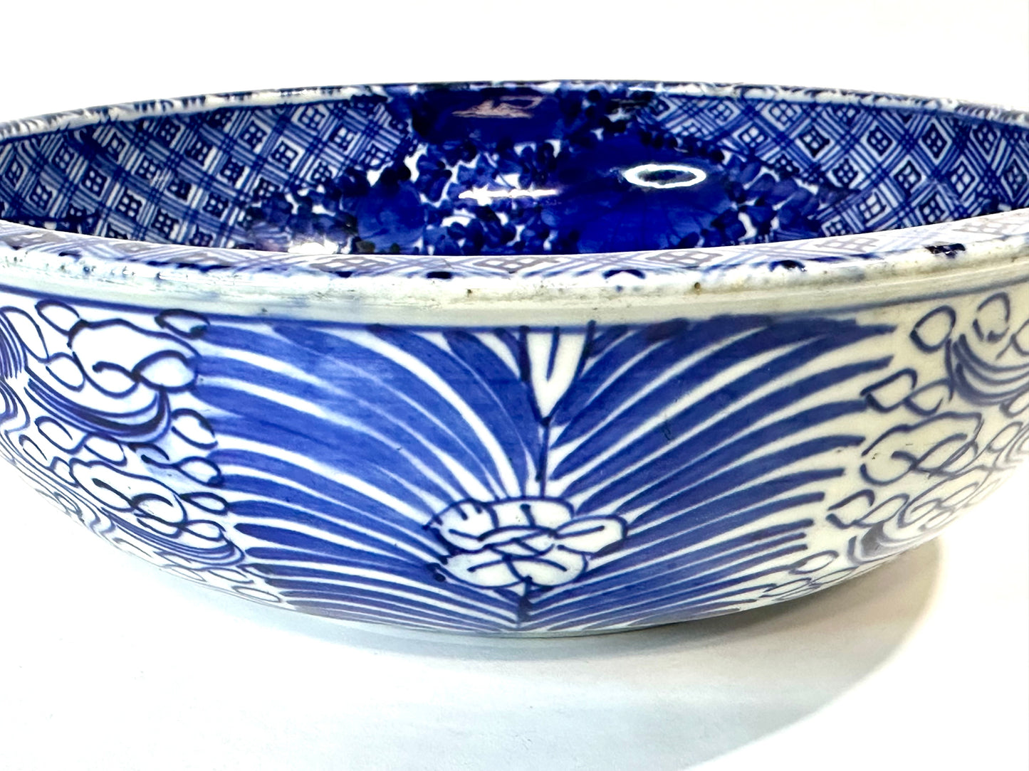 Antique Meiji Hand Painted Imari Japanese Ceramic Bowl Blue & White 11.5”