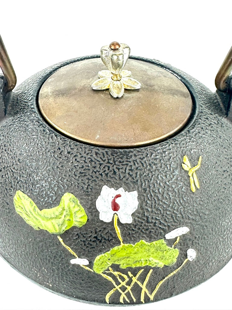 Vintage Japanese Cast Iron Tetsubin Polychrome Lotus Pond Dragonfly Brass Lid Showa 8"W LS#148