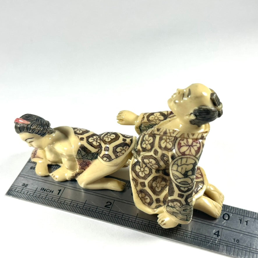 Vintage Japanese Shunga Erotic Figurine Couple Faux-Ivery Resin Hand Painted Showa e