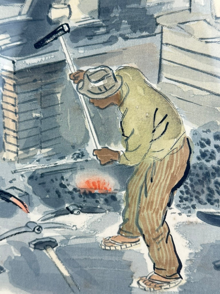 Original Wada Sanzo c.1939 Woodblock Print Blacksmith Kaji Swordsmith Showa #13 18"W LS#012