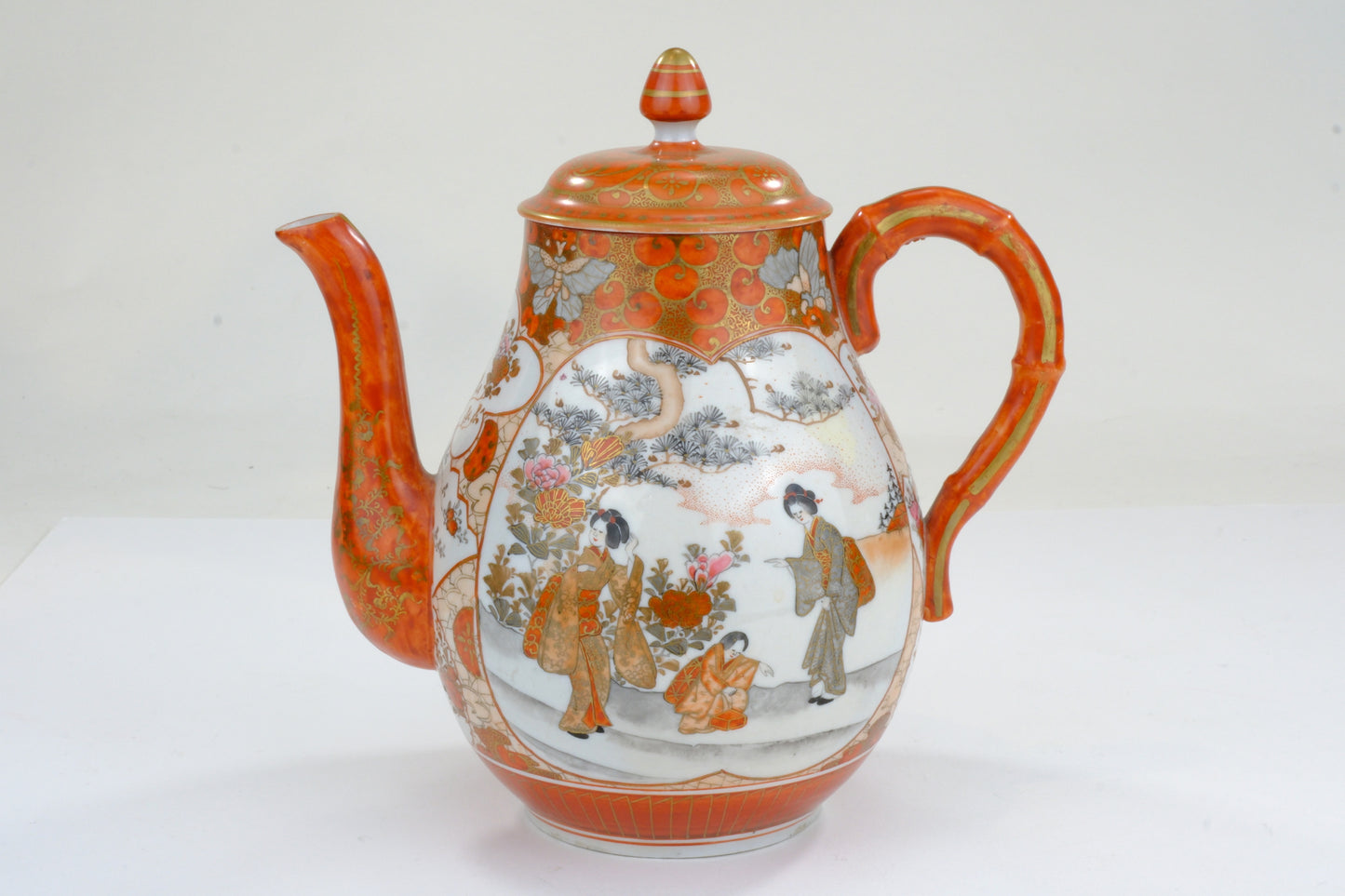 Antique Japanese Kutani Coffee Pot Bijin Figures Paradise Bird Butterfly Bamboo Handle Meiji
