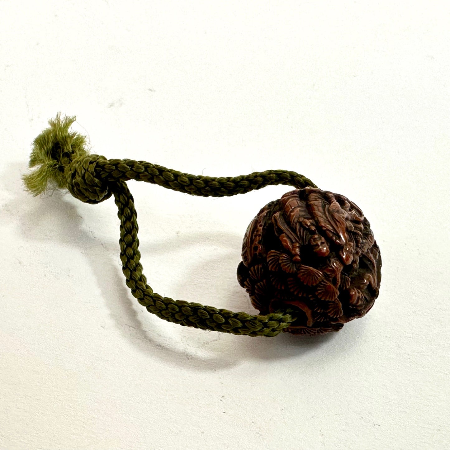 Antique Japanese Hand Carved Wooden Ojime Bead w/ Tiny Mountain Monks Motif .75"