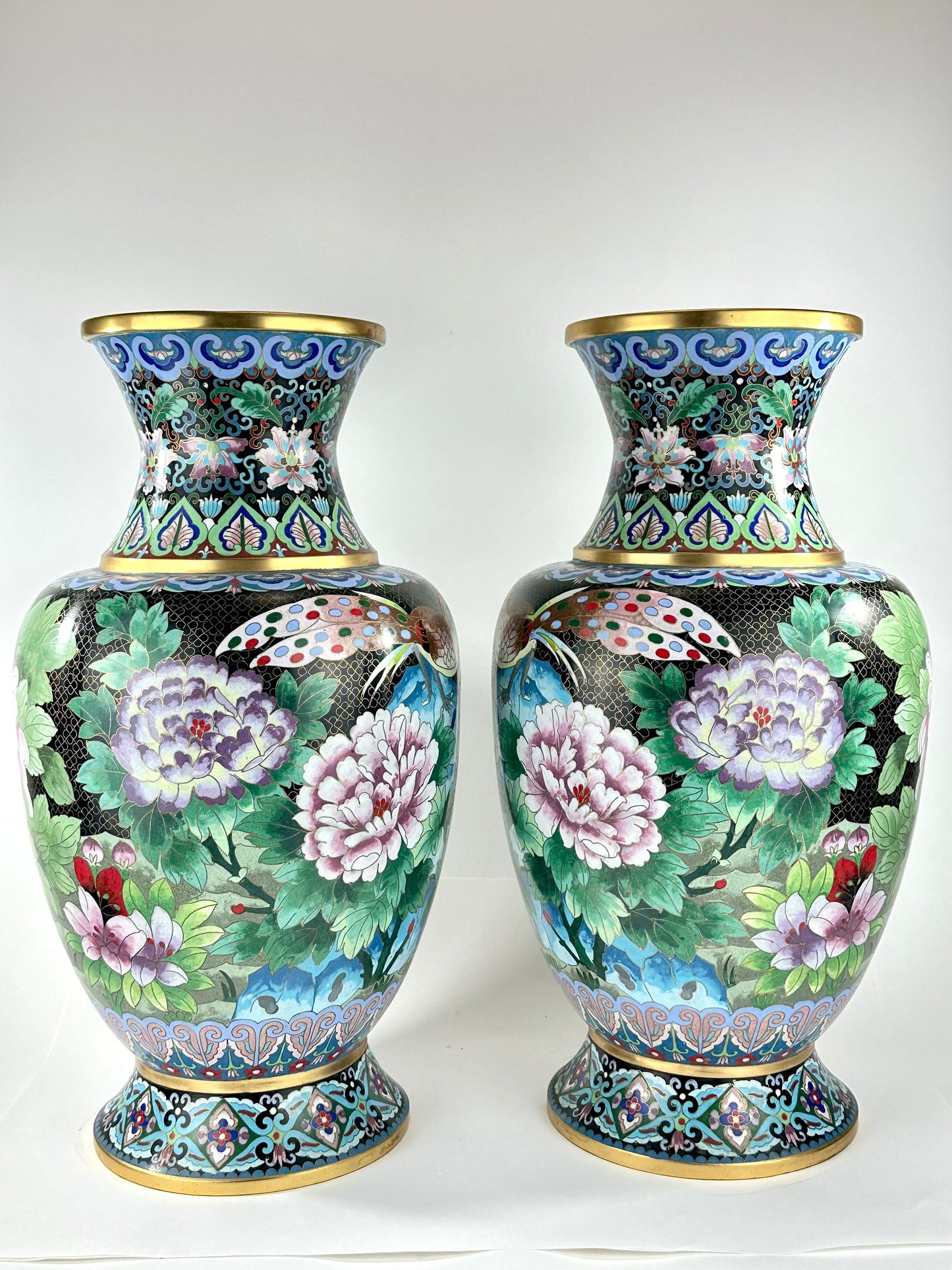 Vintage Chinese Cloisonne Vase Pair Black Ground Peony Pheasant Polychrome 20"H