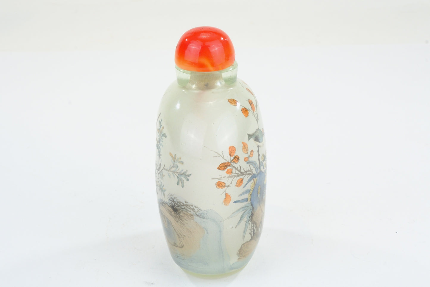 Chinese Clear Glass Interior Painted Snuff Bottle Bird Flower Rock Carnelian Stopper