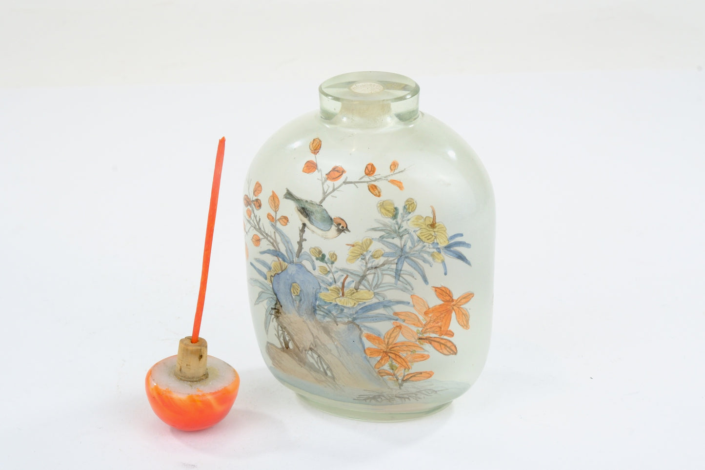 Chinese Clear Glass Interior Painted Snuff Bottle Bird Flower Rock Carnelian Stopper