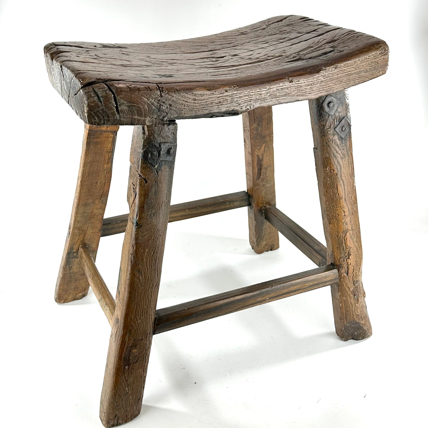 ntique Chinese Elm Rustic Farm Stool Waisted Saddle Seat Late Qing 20"H
