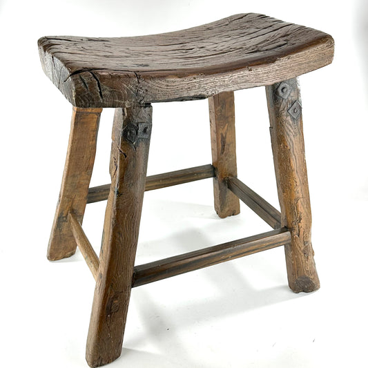 ntique Chinese Elm Rustic Farm Stool Waisted Saddle Seat Late Qing 20"H