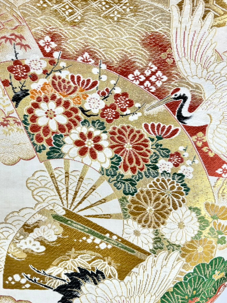 Antique Japanese Silk Maru Obi Gold Brocade Crane Fan Pine Nishijin 13'L