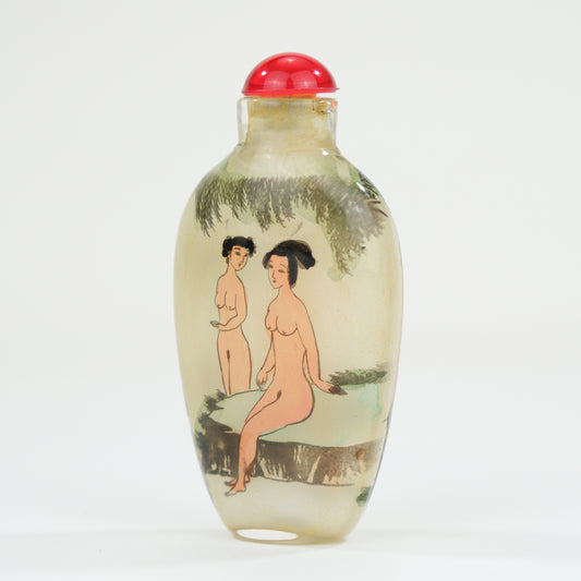 Vintage Chinese Reverse Painted Glass Snuff Bottle Erotic Motif 3"