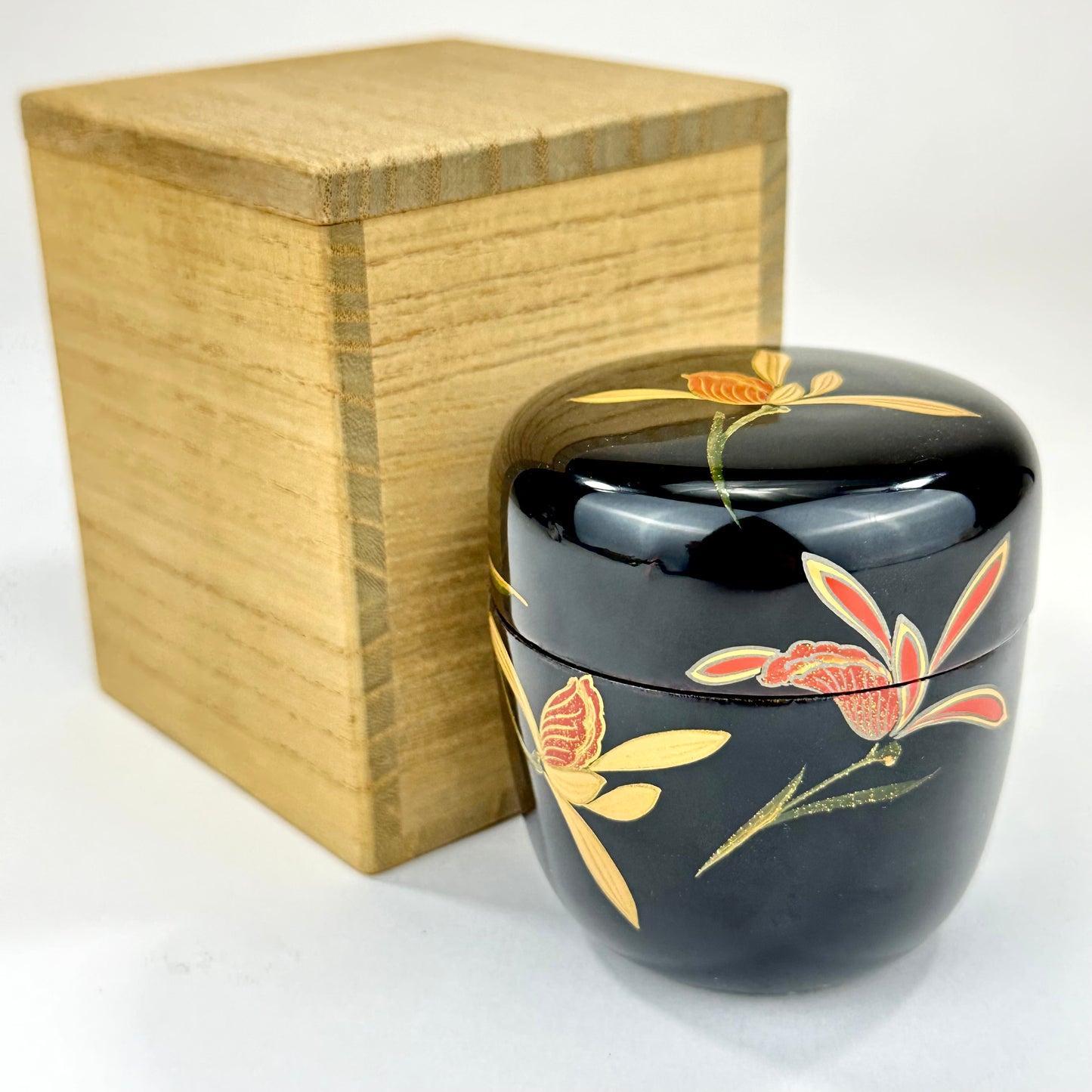 Japanese Tea Ceremony Natsume Tea Caddy Floral Motif w/ Signed Kiri Wood Box