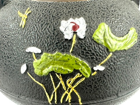 Vintage Japanese Cast Iron Tetsubin Polychrome Lotus Pond Dragonfly Brass Lid Showa 8"W LS#148