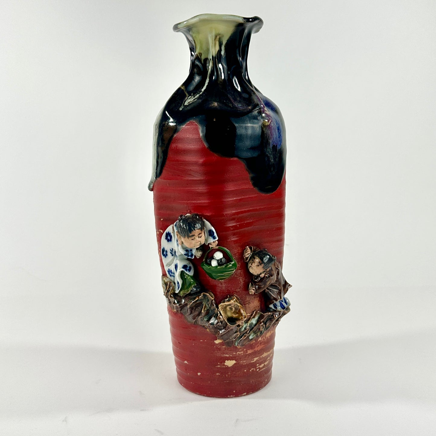 Antique Japanese Sumida Gawa Ceramic Vase w/ Children Inoue Ryosai (c1900) LS#085