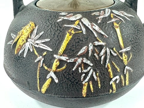 Vintage Japanese Cast Iron Tetsubin Bamboo Cicada Gold Silver Brass Lid Showa 8"W LS#149