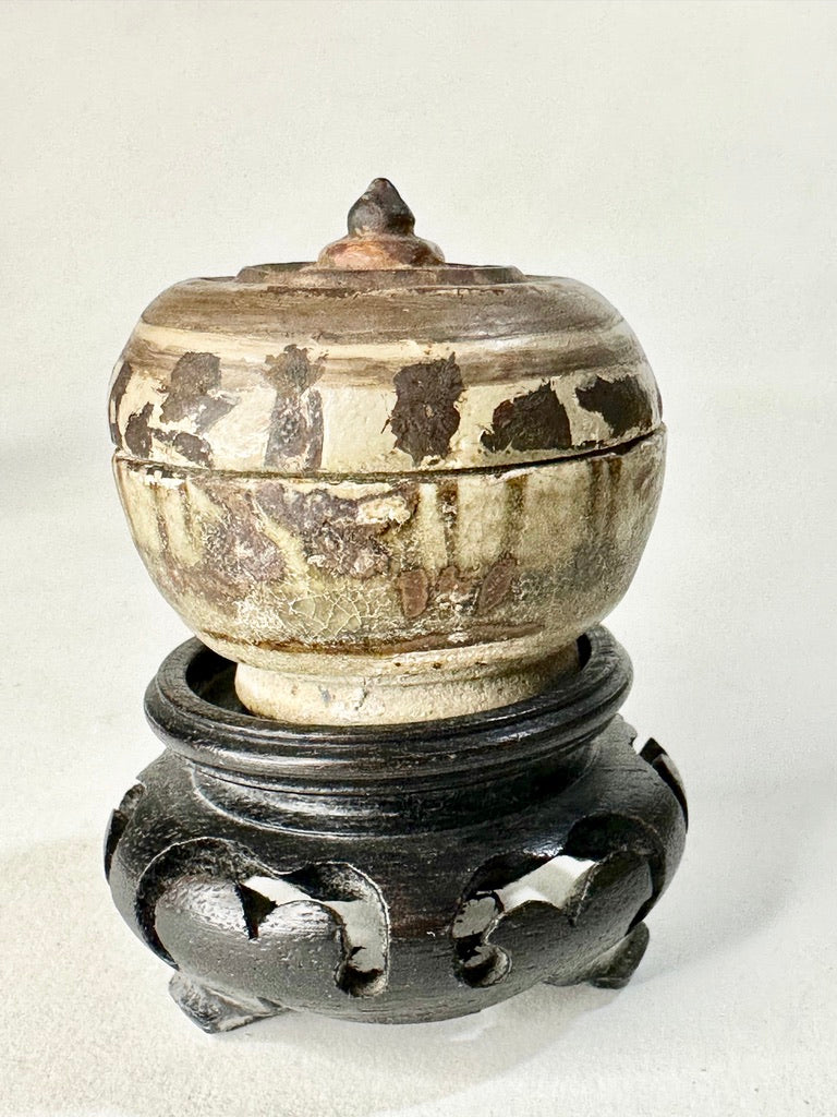 Southeast Asian Stoneware Covered Box Iron Slip Banded Decoration Hardwood Stand 2.5"