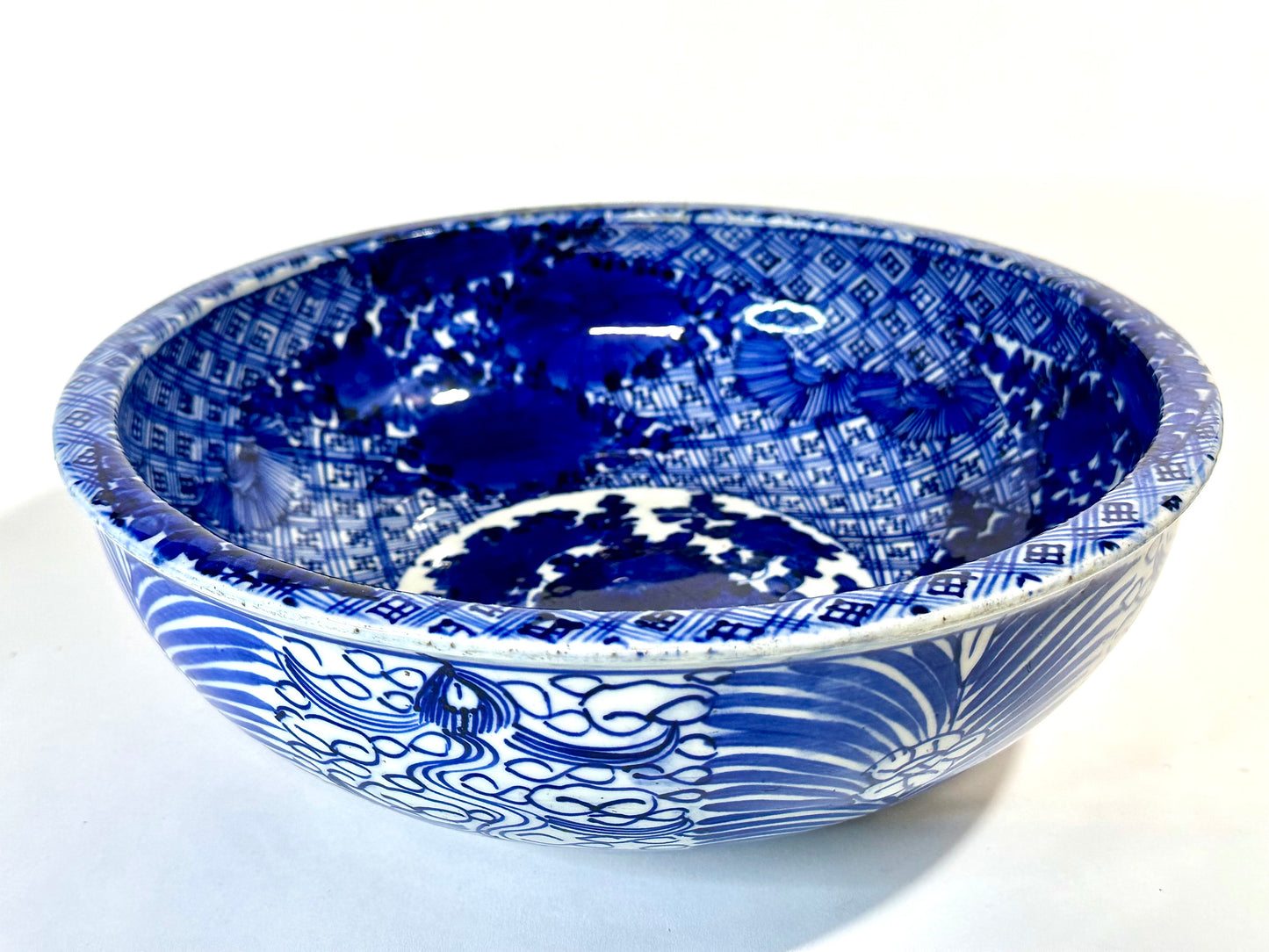 Antique Meiji Hand Painted Imari Japanese Ceramic Bowl Blue & White 11.5”