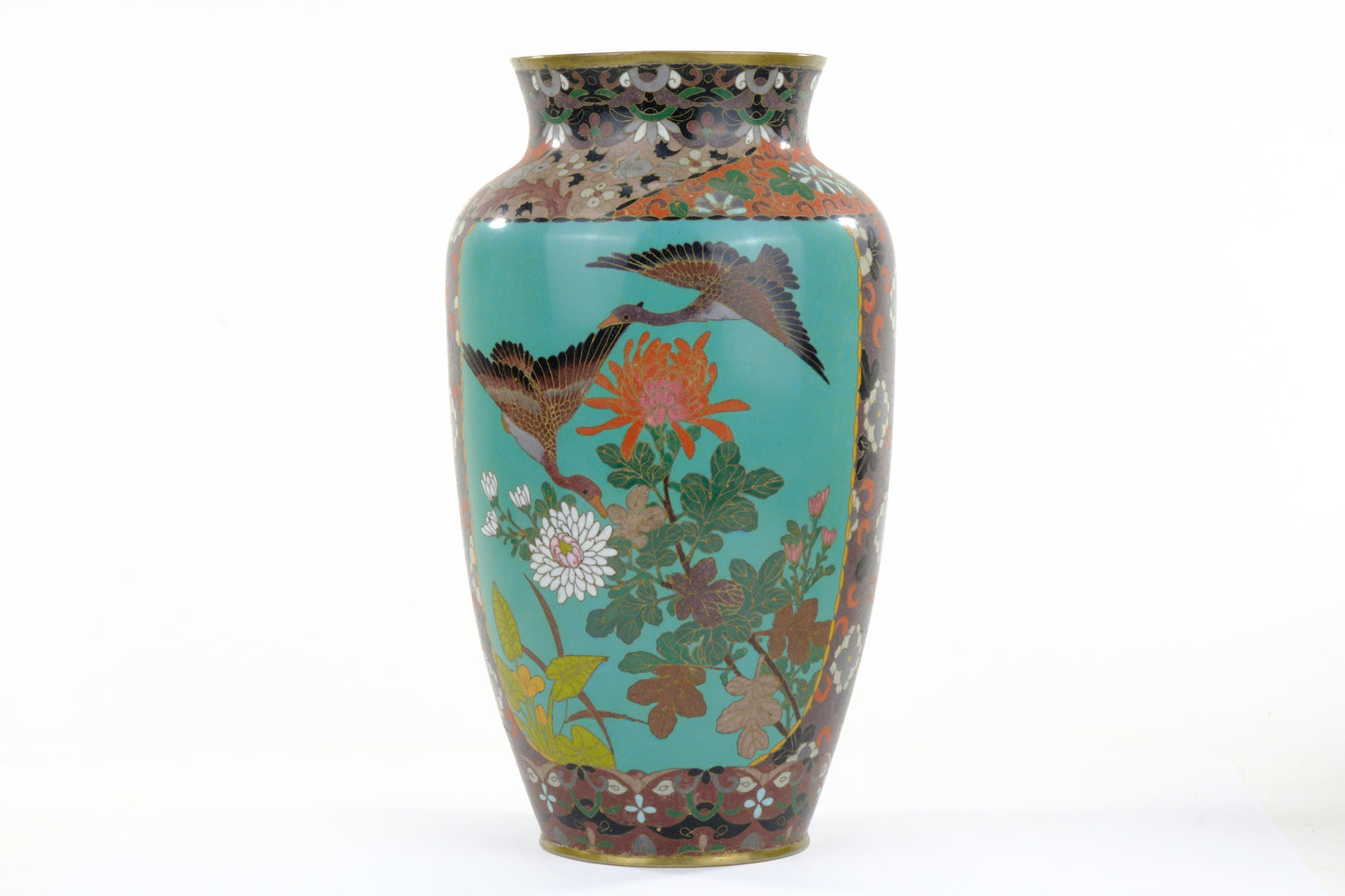 Antique Japanese Meiji Era (c1880) Cloisonné Vase Geese in Flight & Flowers 12”